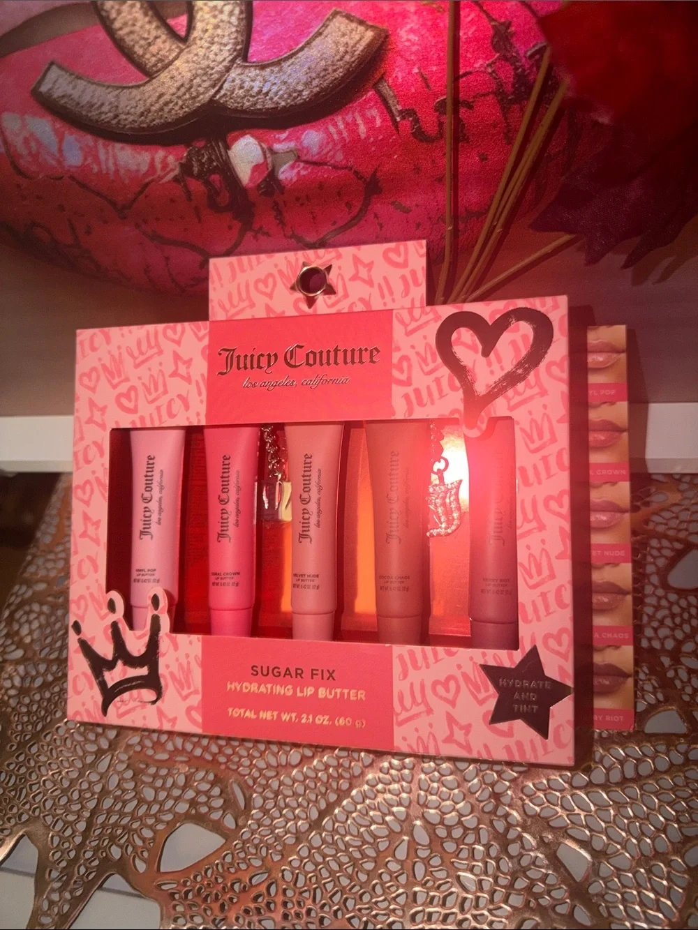 Juicy Couture Hydrating Lip Butter 5 PC Set - Pink & Nude Shades&cute charms